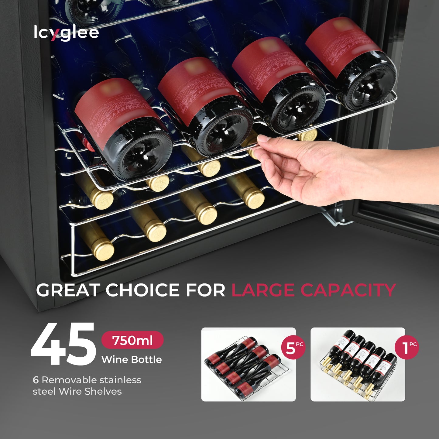 Simzlife 45 Bottle Wine Cooler Refrigerator, Small Built-in Wine Fridge for Red, White and Champagne, 4.5 Cu.ft Mini Fridge with Adjust Temperature, Black