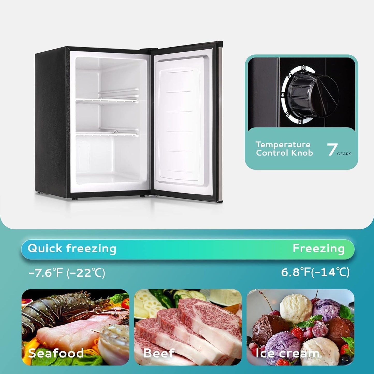 Simzlife 2.1 Cubic Feet Upright freezer, Single Door Compact Mini Freezer with Reversible Stainless Steel Door, Removable Shelves, Small freezer for Home/Dorms/Apartment/Office, New Silver