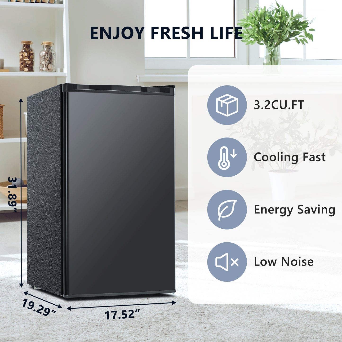 Simzlife 3.2 Cu.ft Mini Fridge with Freezer, Compact Design with Single Door , 19.3 in D, 31.9 in H