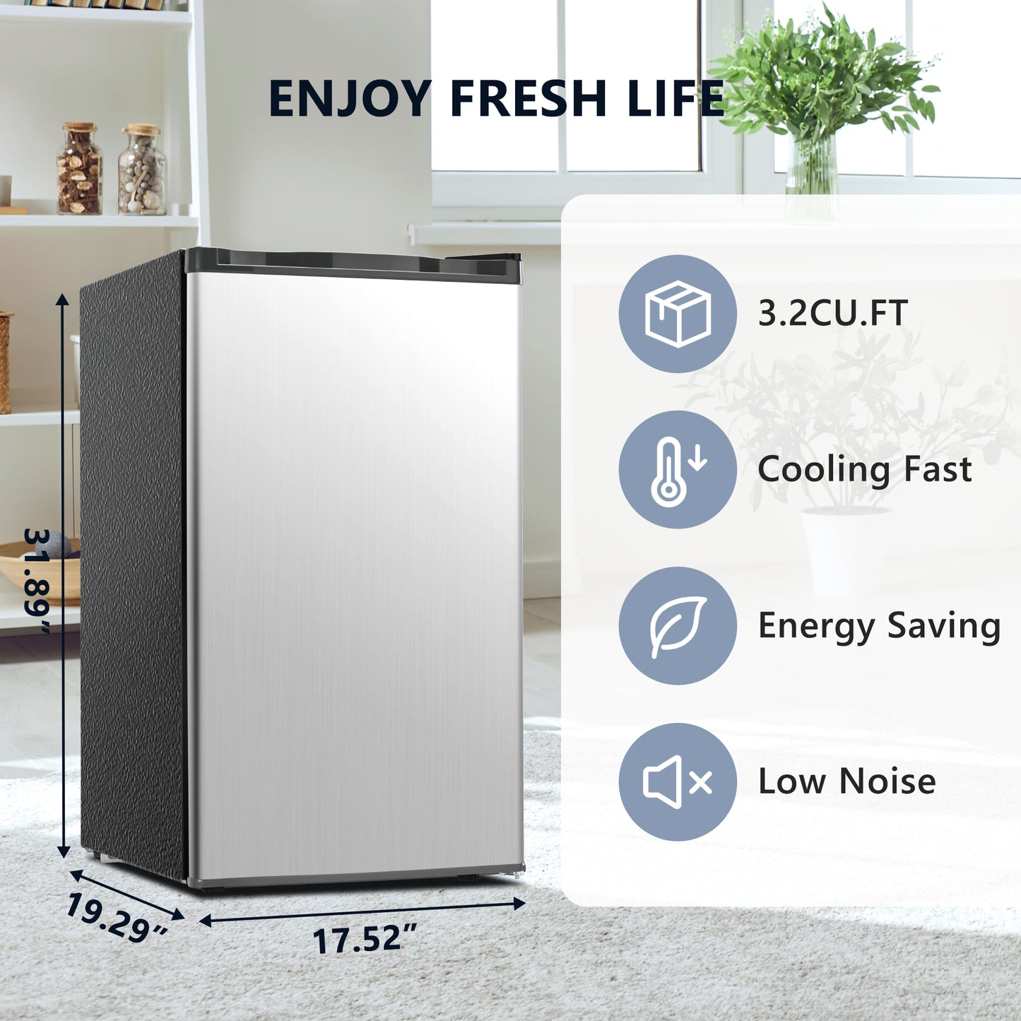 Simzlife 3.2 Cu.ft Mini Fridge with Freezer,Compact Design with Single Door ,19.3 in D,31.9 in H, Silver