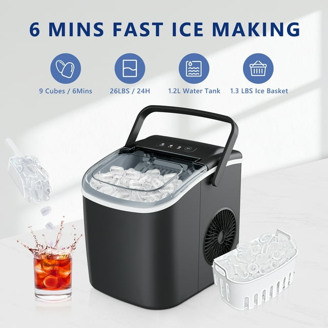 Simzlife 26 lbs/24H Countertop Ice Maker Machine, 9 Bullet-Shaped Ice in 6 Min, Auto-Cleaning