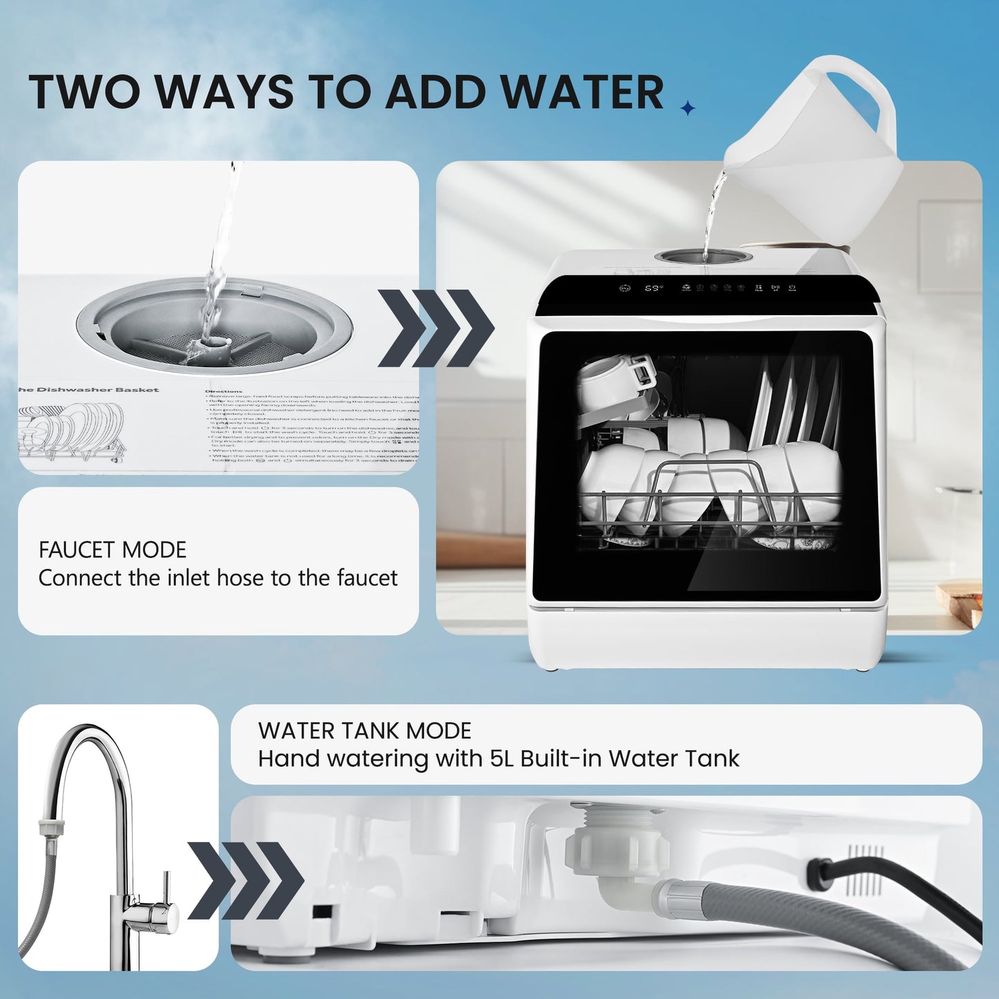 Simzlife Portable Mini Dishwasher Countertop with 5-Liter Built-in Water Tank and Air-Dry Function, 5 Washing Programs, 4 Place Setting