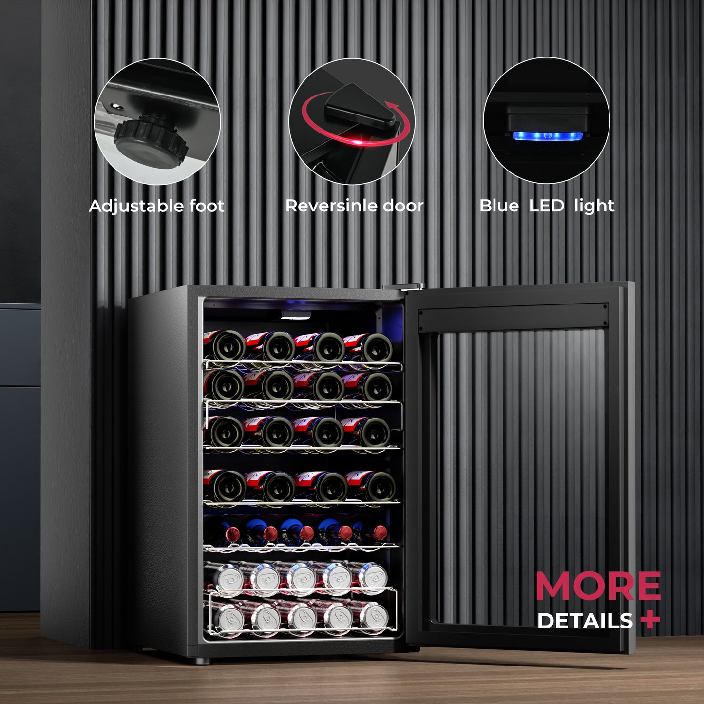 Simzlife 45 Bottle Wine Cooler Refrigerator, Small Built-in Wine Fridge for Red, White and Champagne, 4.5 Cu.ft Mini Fridge with Adjust Temperature, Black