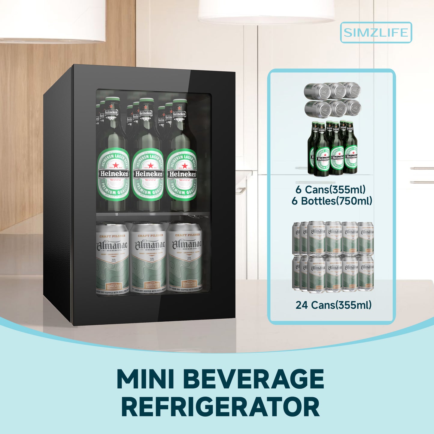 Simzlife Mini Beverage Refrigerator Cooler with Glass Door, 24-Can Mini Fridge for Home,Black