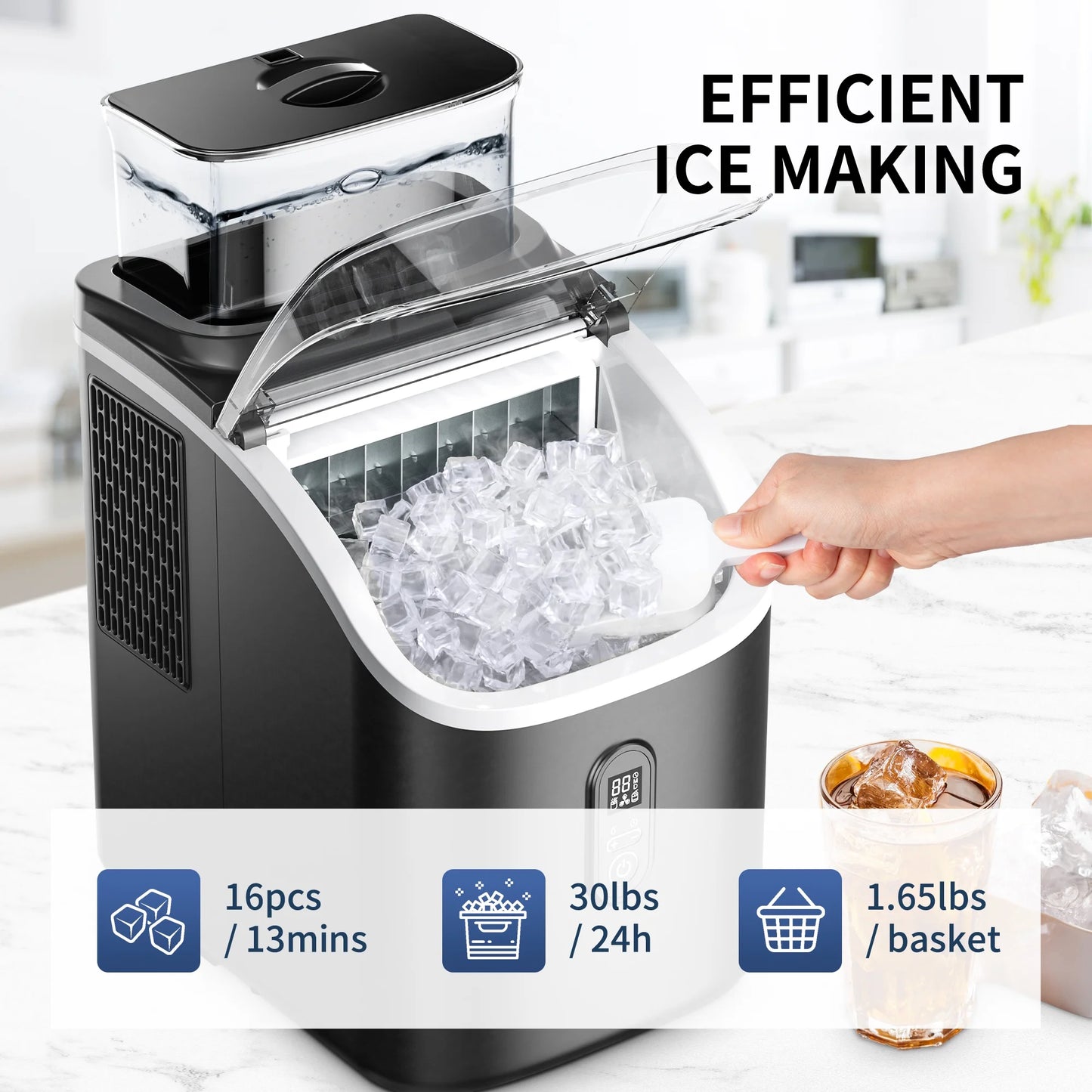 Simzlife Ice Maker Countertop, Portable Ice Cube Maker Machine with 2.0L Detachable Water Tank, 30Lbs/Day, Self-Cleaning