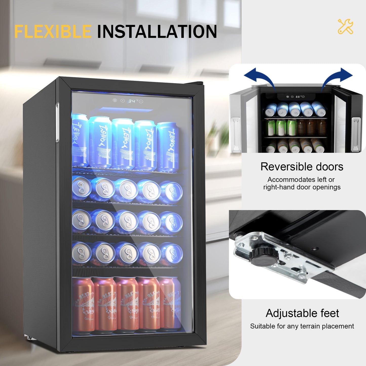 Simzlife 130 Can Beverage Refrigerator with Glass Door for Home, 17.3 in D, 31.3 in H