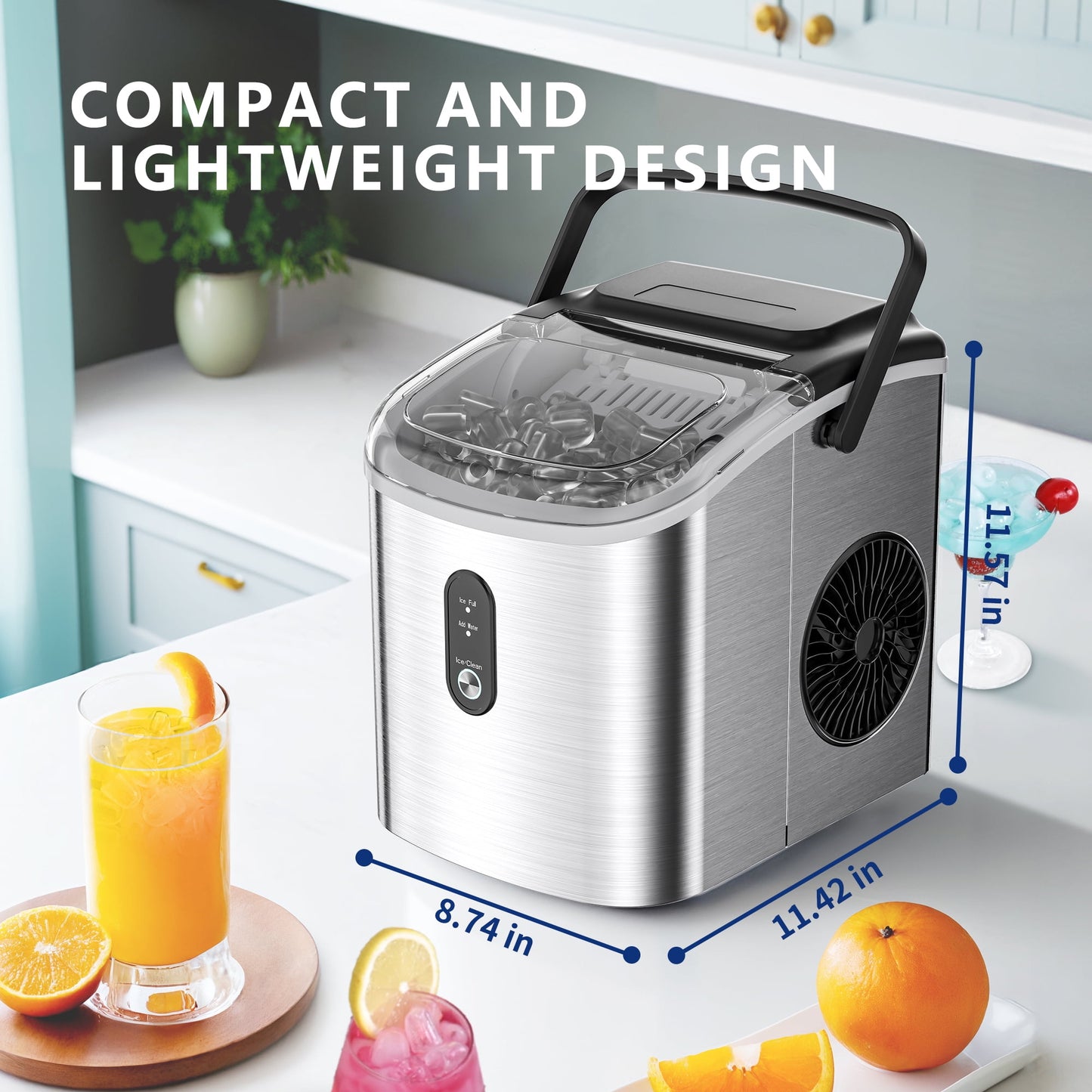 Simzlife Countertop Ice Maker with Handle, 9 bullet ice in 6 Mins, 26Lbs/24H, Self-Cleaning, Portable Ice Maker with Basket and Scoop