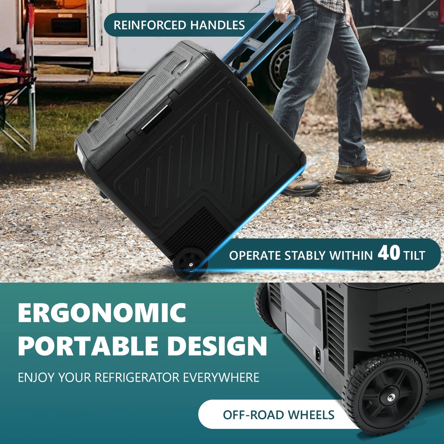Simzlife 12 Volt Refrigerator, 59QT(55L) Portable Car Refrigerator, Dual Zone, Mini Fridge with Wheels for Camping