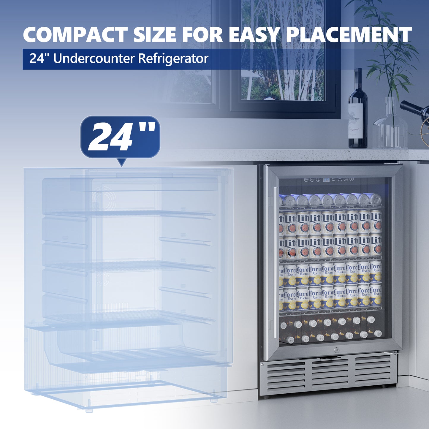 Simzlife 24 Inch Beverage Refrigerator, 180 Can Built-in Beverage Cooler, Under Counter Beer Fridge with Glass Door for Soda, Water, Wine - For Kitchen, Bar or Office