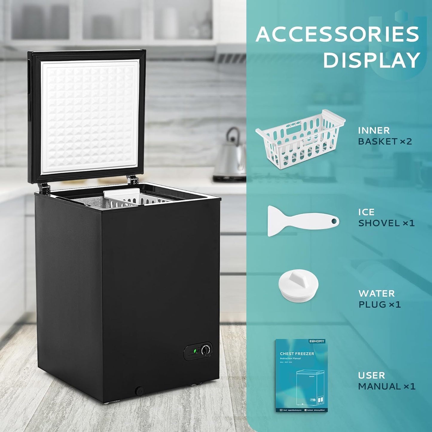 Simzlife 3.5 Cu.Ft Chest Freezer with Removable Basket, Small Deep Freezer Adjustable 7 Thermostat, Quiet Mini Freezer Free-Standing Top Door, Energy Saving for Apartment/Garage/Basement/Dorm/Home,Black