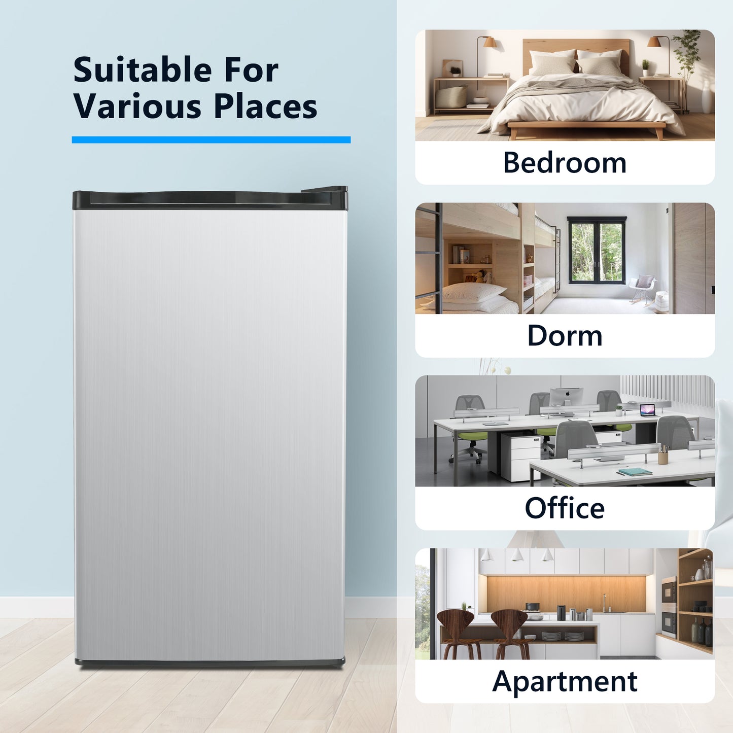 Simzlife 3.2 Cu.ft Mini Fridge with Freezer,Compact Design with Single Door ,19.3 in D,31.9 in H, Silver