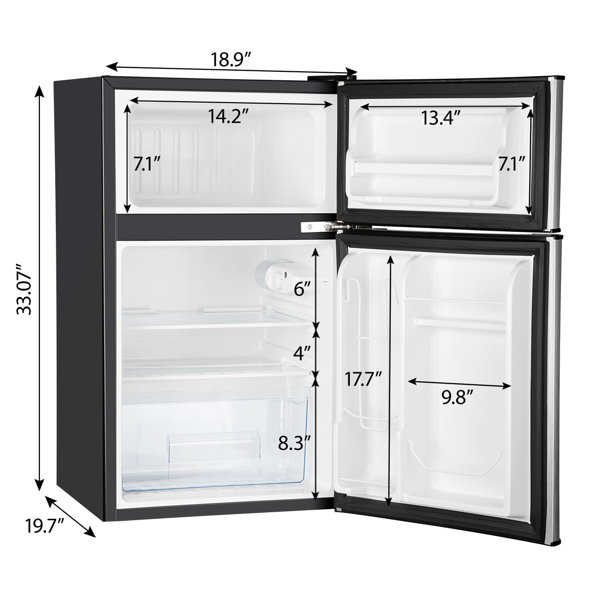 Simzlife 3.2 Cu ft Two Door Mini Refrigerator with Freezer, Compact Small Fridge Adjustable Removable Shelves