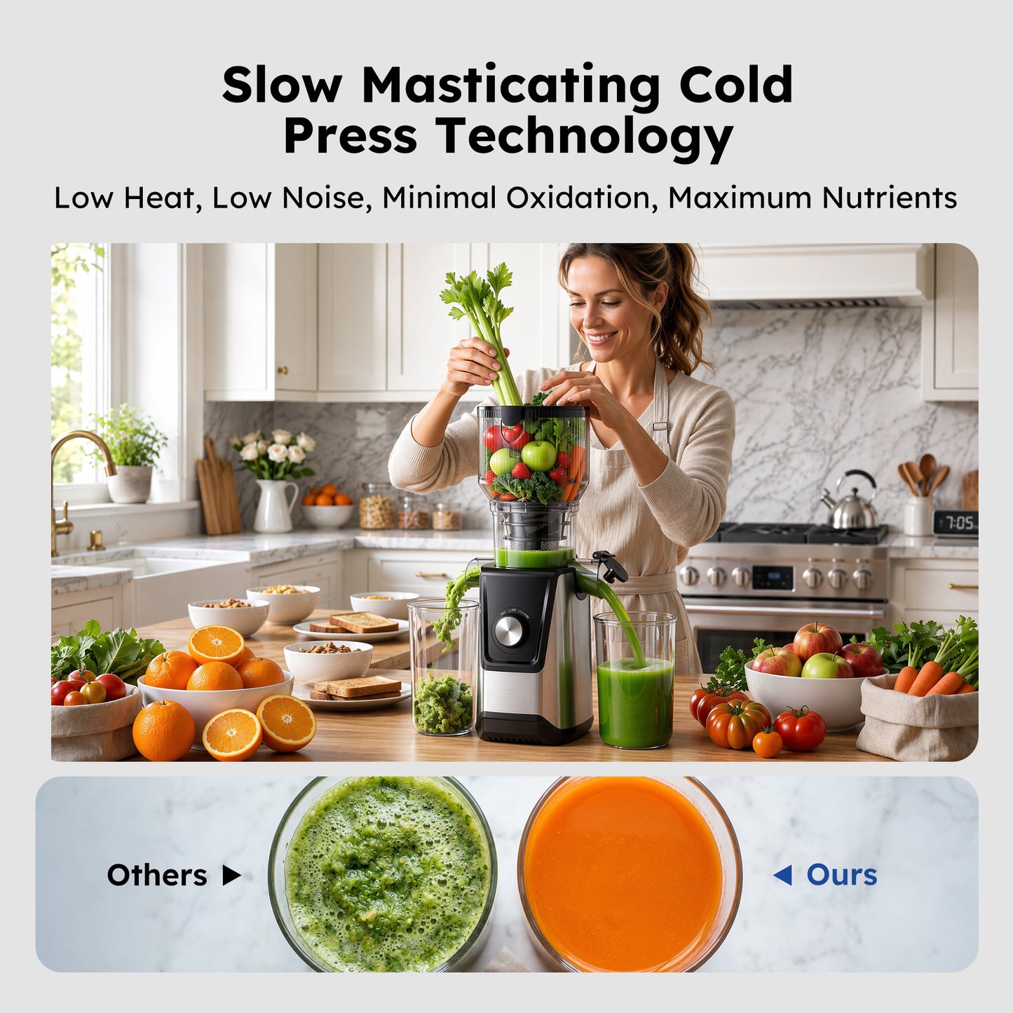 SIMZLIFE Cold Press Juicer, 5.1" Extra Large Feed Chute, 200W Slow Masticating Juicer Machine with Stainless Steel Housing, 304 Filter, Forward & Reverse Function, Easy to Clean, 2 Cups, Silver