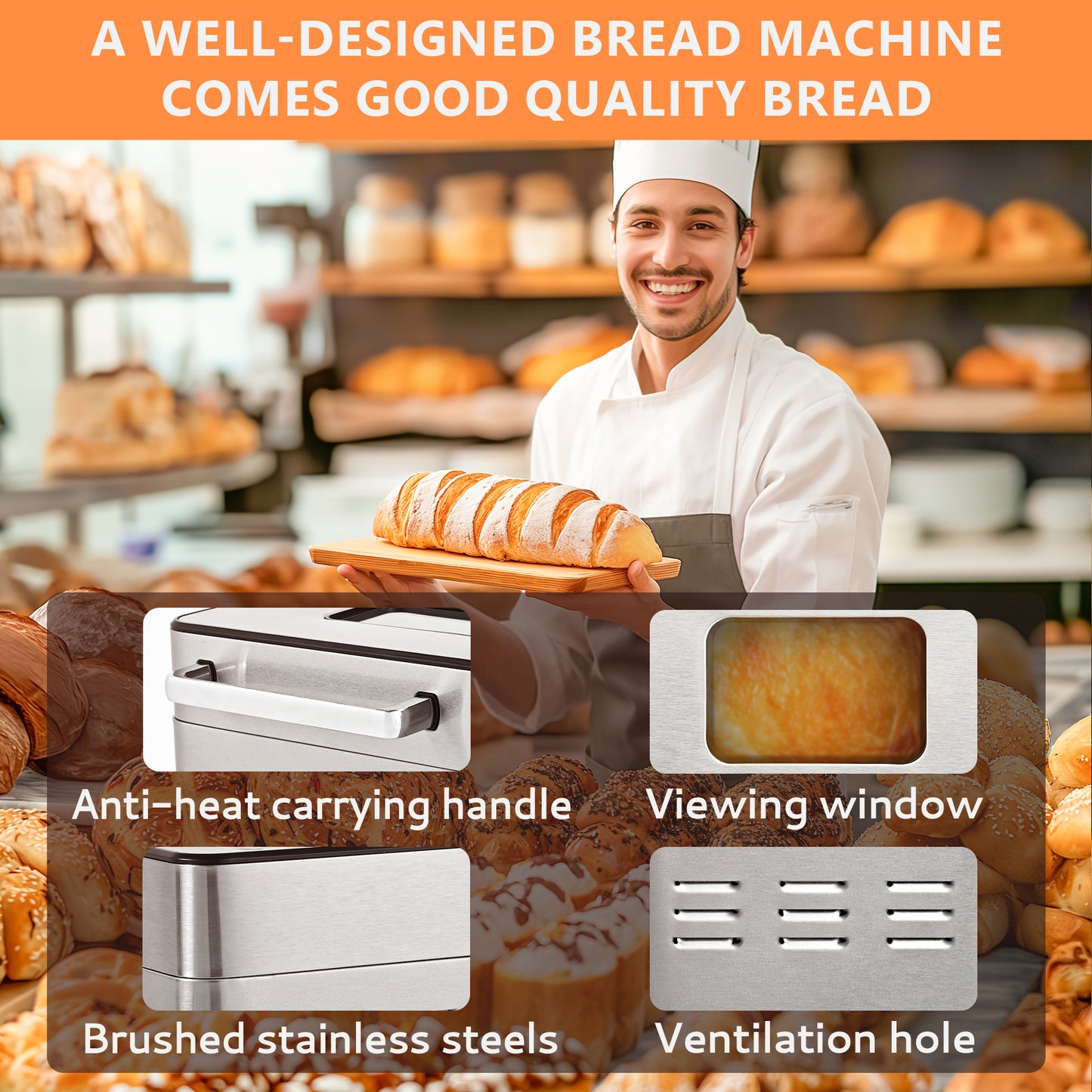 Simzlife 25-in-1 Bread Maker Machine, 2LB Capacity for Dough & Bread with Automatic Fruit and Nut Dispenser, Stainless Steel Construction
