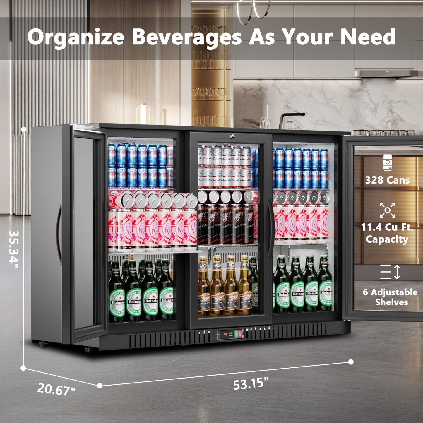 Simzlife 11.4 Cu.Ft Back Bar Cooler With 3 Glass Doors, 53" Counter Height Beverage Refrigerator with LED Lighting, Commercial Display Bar Fridge for Beer,Soda Drinks,Wine, Black