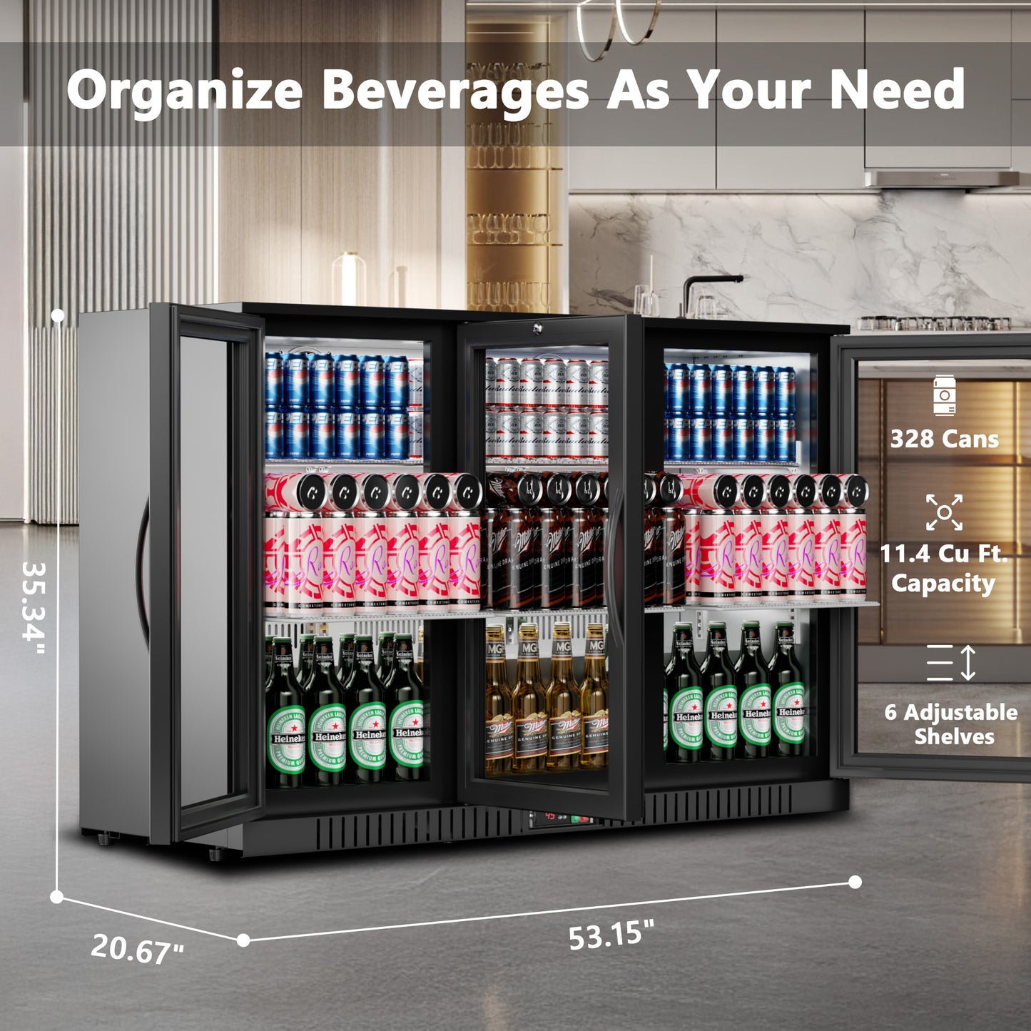 Simzlife 11.4 Cu.Ft Back Bar Cooler With 3 Glass Doors, 53" Counter Height Beverage Refrigerator with LED Lighting, Commercial Display Bar Fridge for Beer,Soda Drinks,Wine, Black