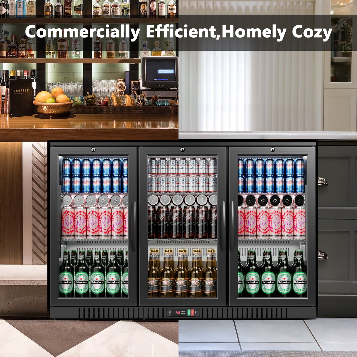 Simzlife 11.4 Cu.Ft Back Bar Cooler With 3 Glass Doors, 53" Counter Height Beverage Refrigerator with LED Lighting, Commercial Display Bar Fridge for Beer,Soda Drinks,Wine, Black