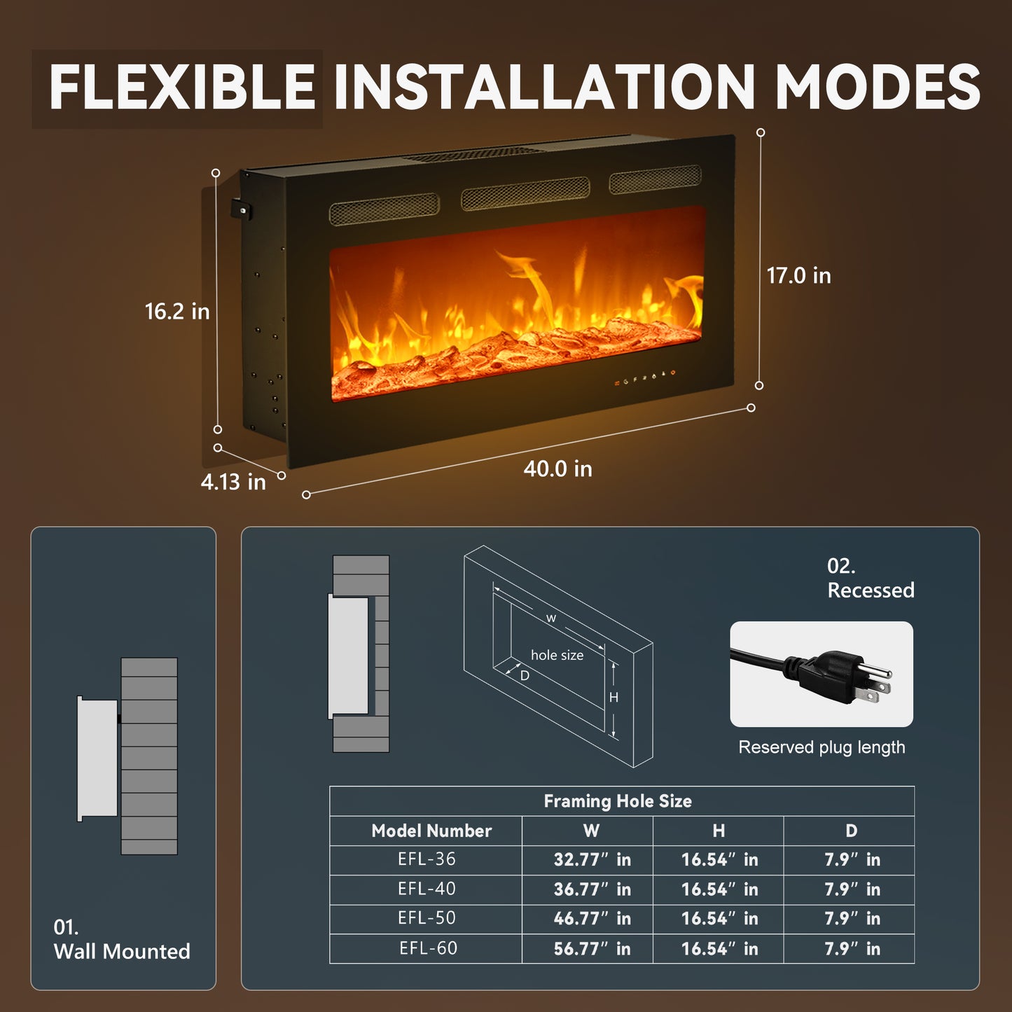 Simzlife 40 Inch Electric Fireplace Wall Recessed and Wall Mounted with Adjustable Flame Color, Fireplace Heater with Remote Control, Linear Fireplace with Timer, Touch Screen, Log & Crystal, 750/1500W