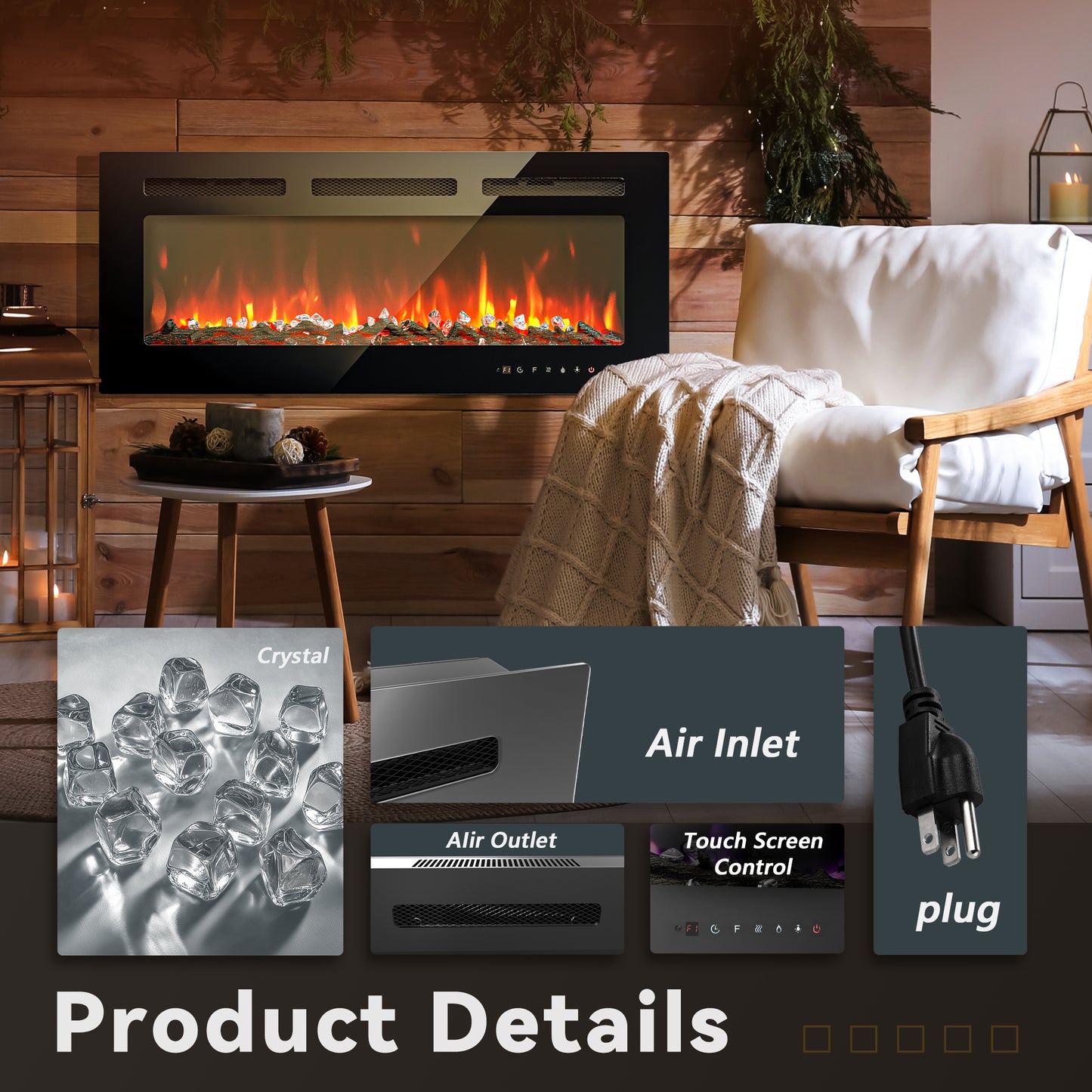 Simzlife 40 Inch Electric Fireplace Wall Recessed and Wall Mounted with Adjustable Flame Color, Fireplace Heater with Remote Control, Linear Fireplace with Timer, Touch Screen, Log & Crystal, 750/1500W