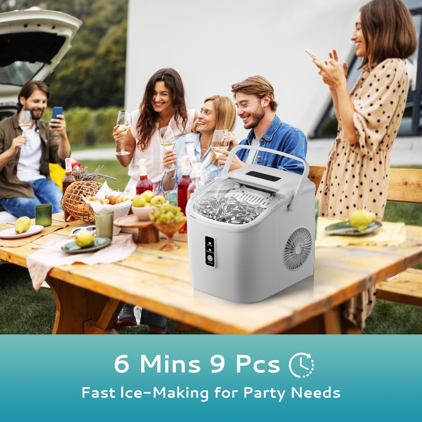 Simzlife Countertop Ice Maker with Handle,Portable Ice Machine with Basket and Scoop, 9 Bullet Ice In 6 Mins, 26Lbs/24H,White