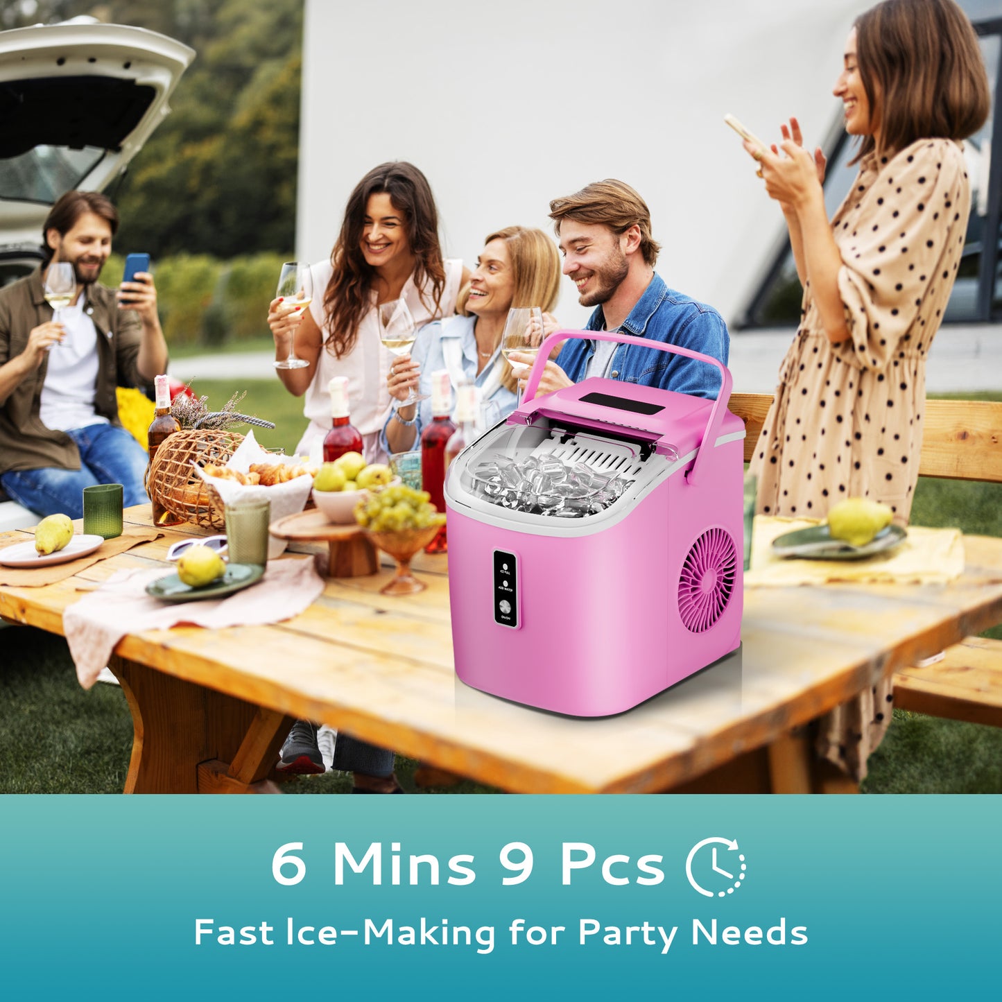 Simzlife Countertop Ice Maker with Handle,Portable Ice Machine with Basket and Scoop, 9 Bullet Ice In 6 Mins, 26Lbs/24H, Pink