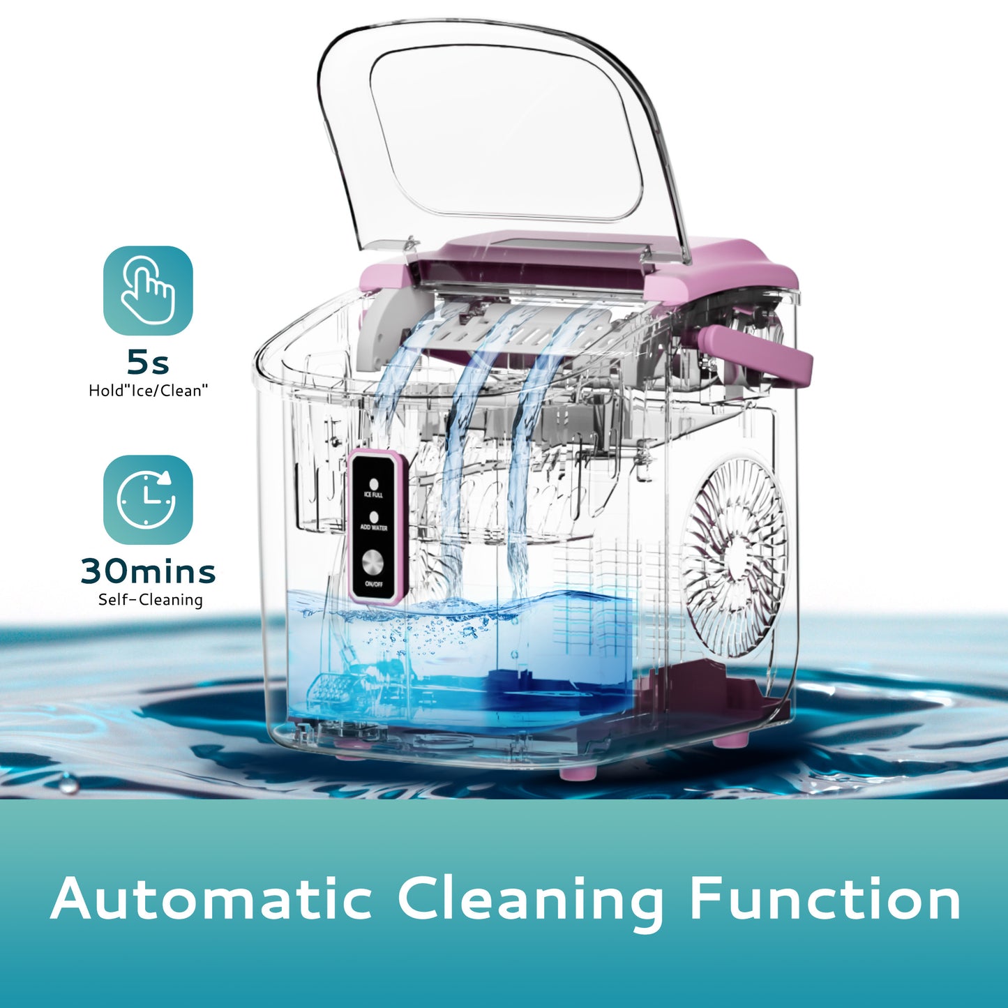 Simzlife Countertop Ice Maker with Handle,Portable Ice Machine with Basket and Scoop, 9 Bullet Ice In 6 Mins, 26Lbs/24H, Pink