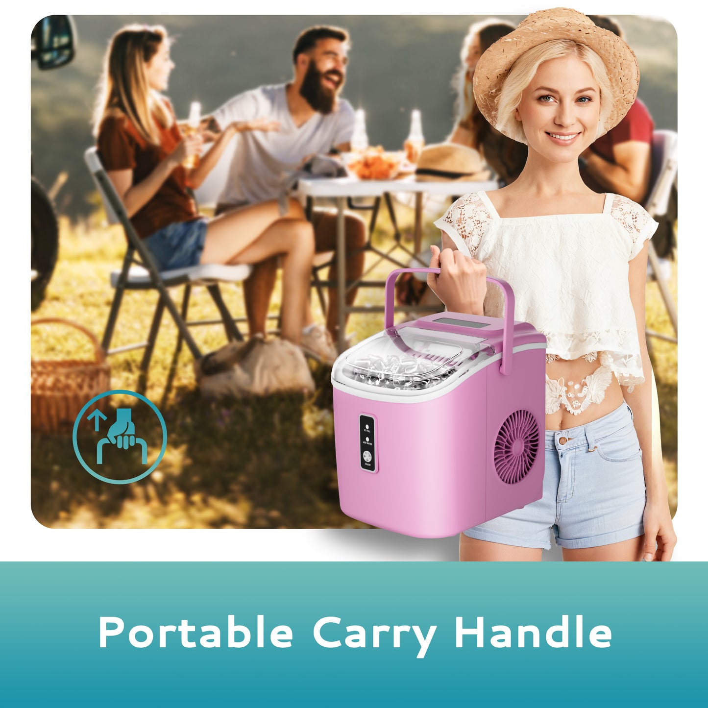 Simzlife Countertop Ice Maker with Handle,Portable Ice Machine with Basket and Scoop, 9 Bullet Ice In 6 Mins, 26Lbs/24H, Pink