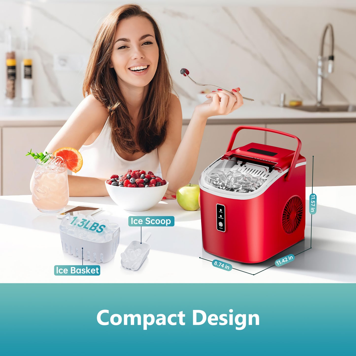Simzlife Countertop Ice Maker with Handle,Portable Ice Machine with Basket and Scoop, 9 Bullet Ice In 6 Mins, 26Lbs/24H