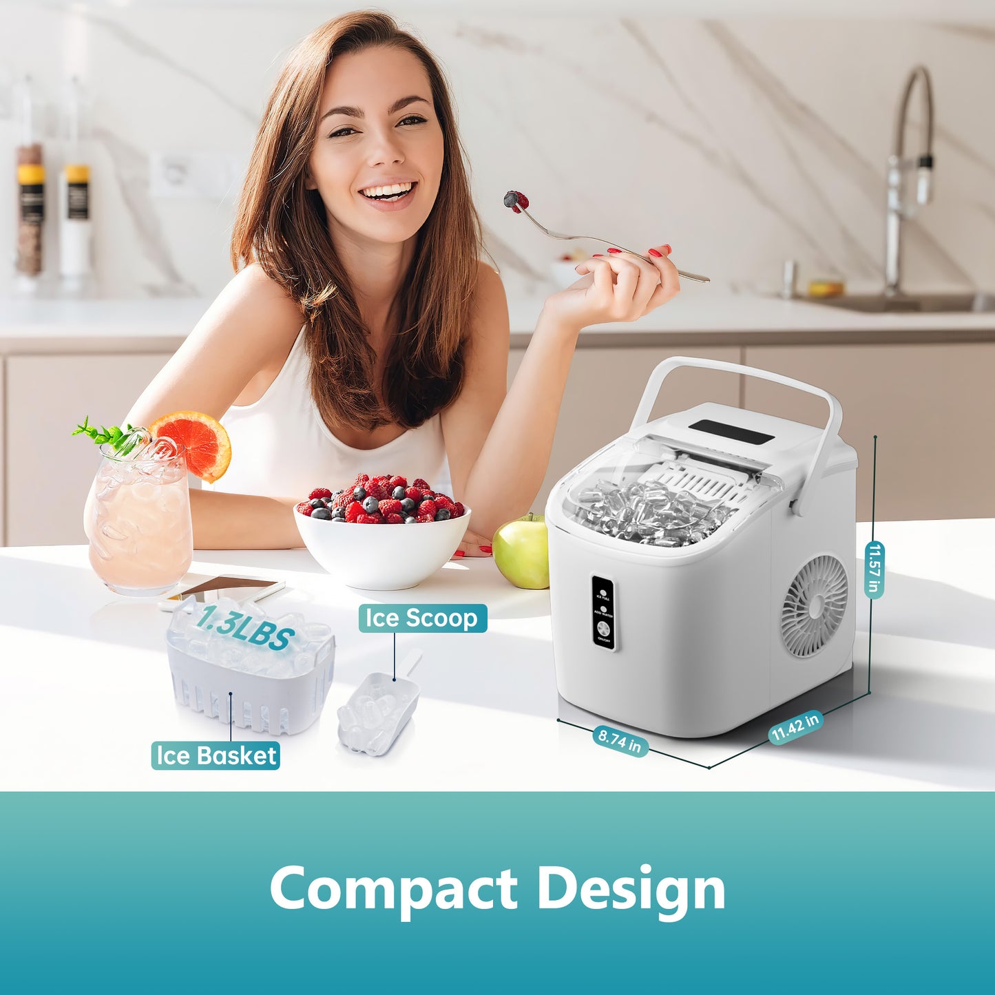 Simzlife Countertop Ice Maker with Handle,Portable Ice Machine with Basket and Scoop, 9 Bullet Ice In 6 Mins, 26Lbs/24H,White