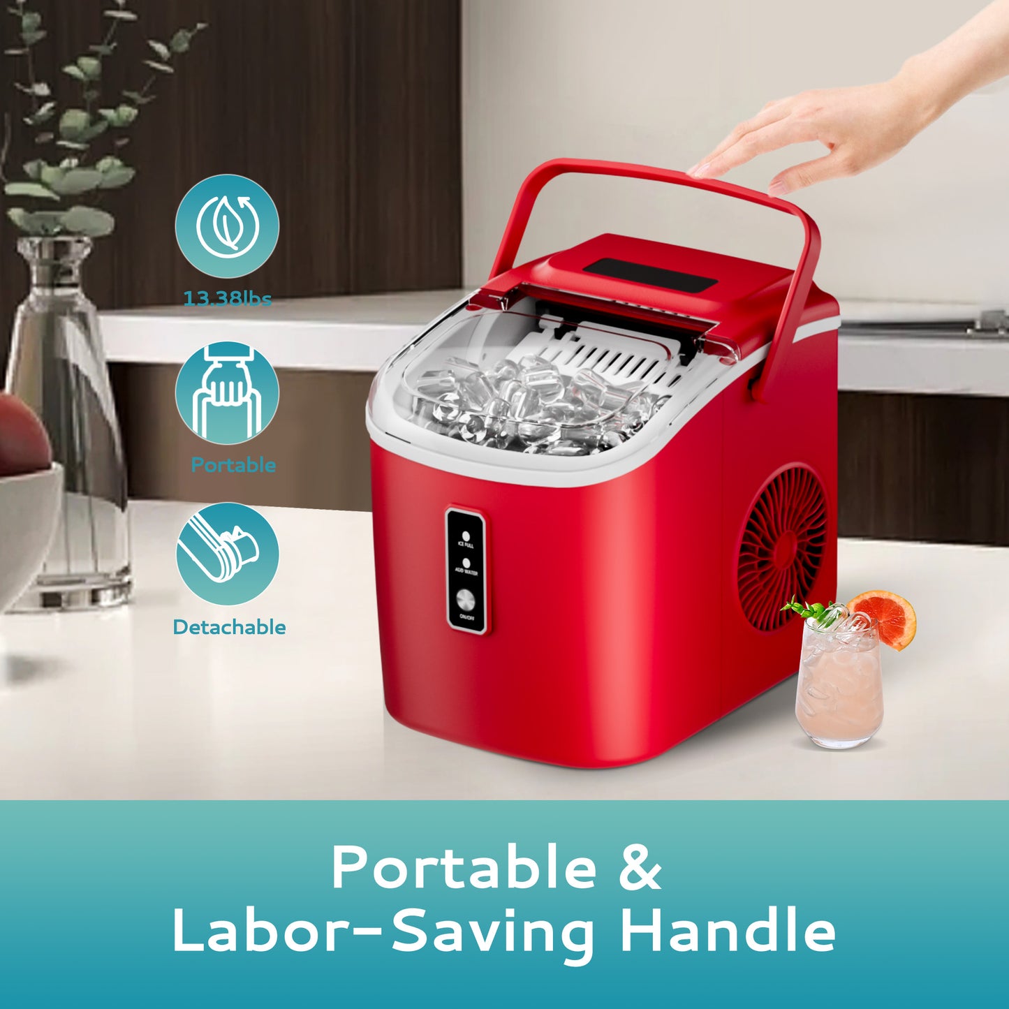 Simzlife Countertop Ice Maker with Handle,Portable Ice Machine with Basket and Scoop, 9 Bullet Ice In 6 Mins, 26Lbs/24H