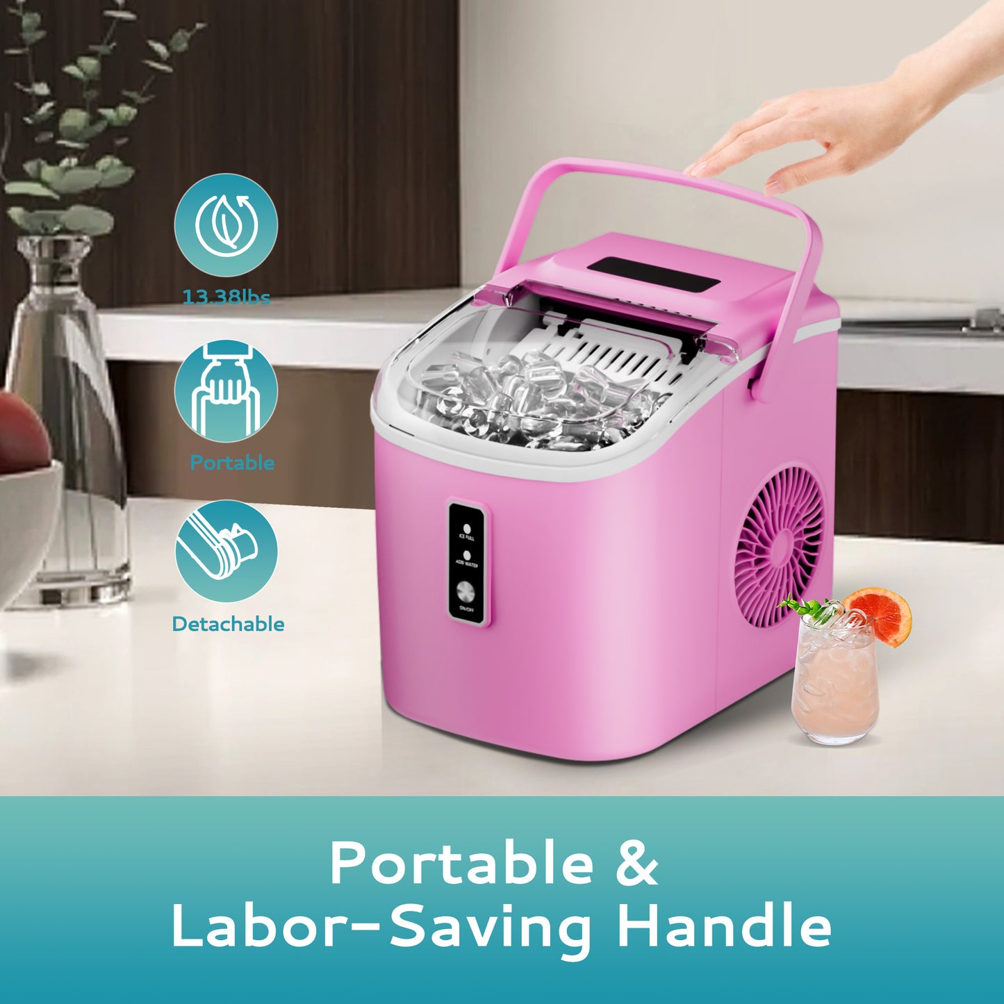 Simzlife Countertop Ice Maker with Handle,Portable Ice Machine with Basket and Scoop, 9 Bullet Ice In 6 Mins, 26Lbs/24H, Pink