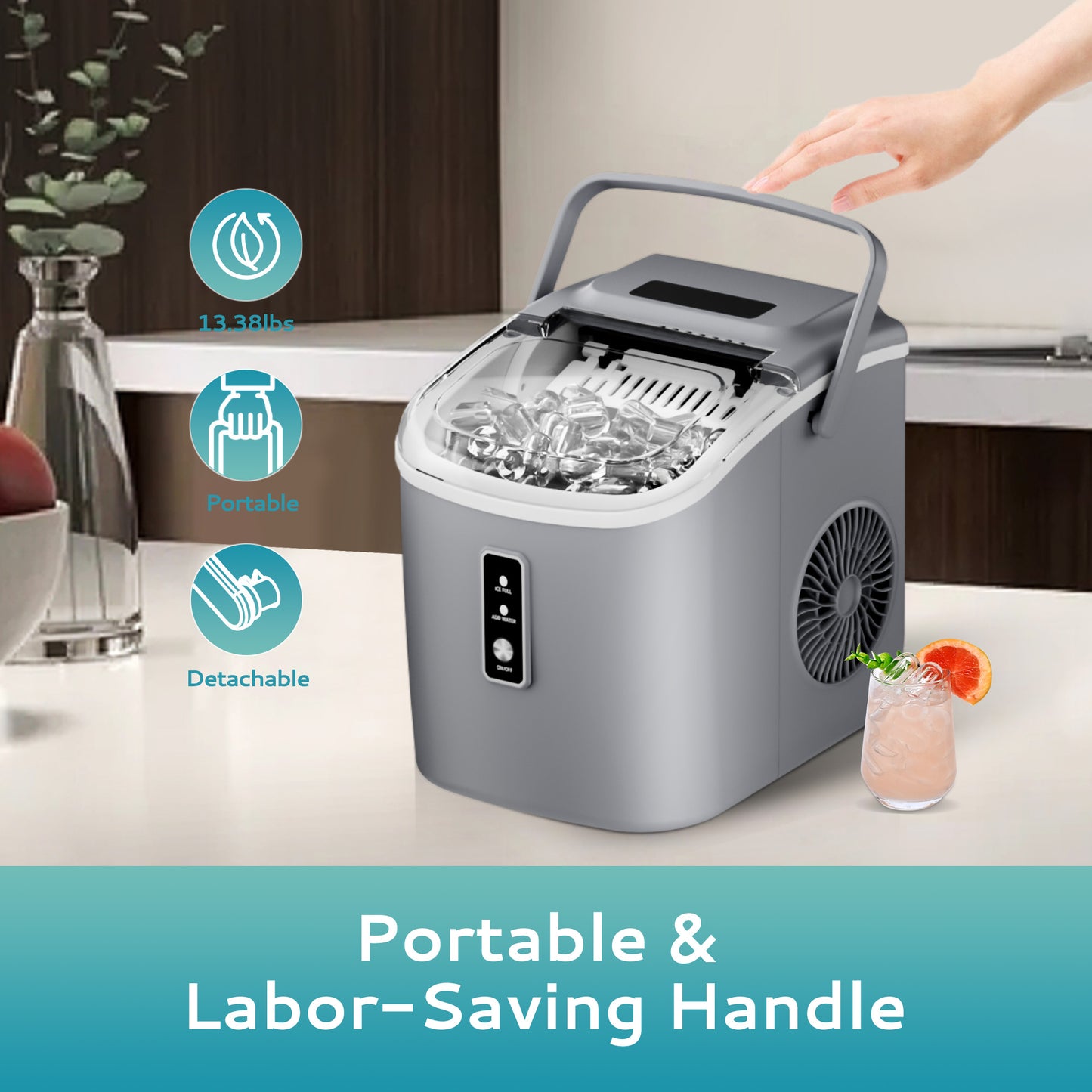 Simzlife Countertop Ice Maker with Handle,Portable Ice Machine with Basket and Scoop, 9 Bullet Ice In 6 Mins, 26Lbs/24H, Gray