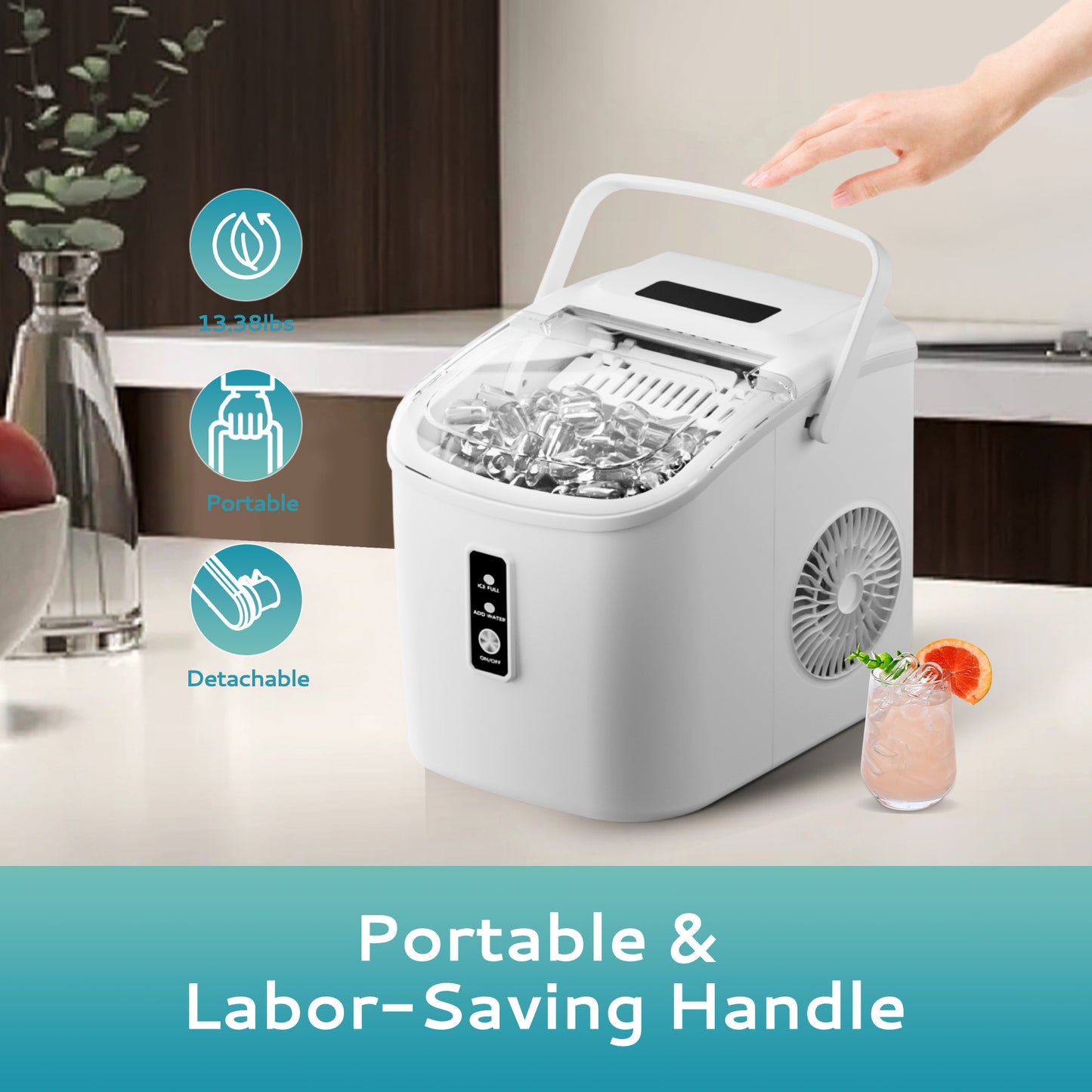 Simzlife Countertop Ice Maker with Handle,Portable Ice Machine with Basket and Scoop, 9 Bullet Ice In 6 Mins, 26Lbs/24H,White