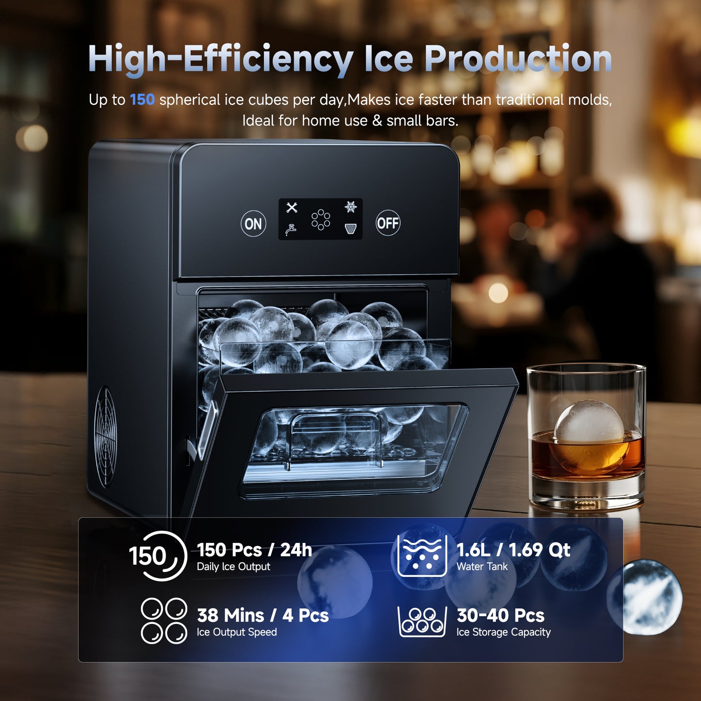 Simzlife Sphere Ice Maker,10 pcs/Hour, 150 pcs/Day,Clear Ice Ball Maker with Enhanced Insulation, with LCD Touch Screen, Self-Cleaning, Quiet Home and Bar Ice for Whiskey Bourbon Parties