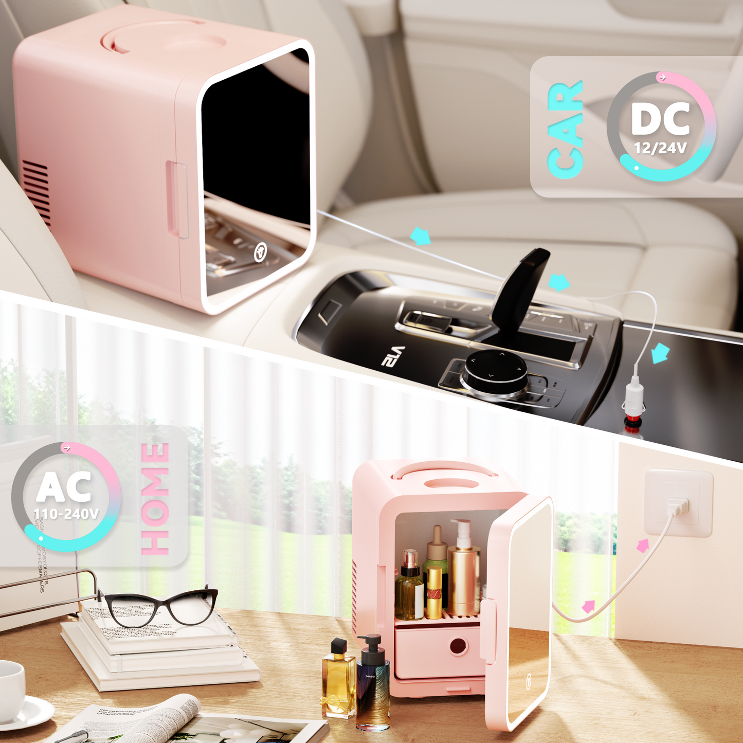 Simzlife Mini Fridge, 5L AC/DC Small Refrigerator with Dimmable LED Mirror, Portable Cooler and Warmer for Skin Care, Cosmetics, Beverage, 5L Makeup Mini Skincare Fridge for Bedroom, Car, Office, Pink