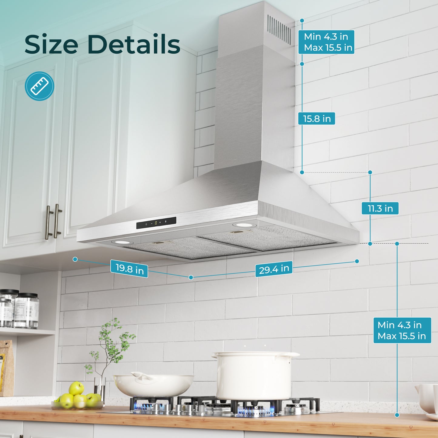 Simzlife Wall Mount Range Hood 30 inch, Range Hood 450 CFM, Vent Hood with 3 Speed Exhaust Fan and 2 2W LED Light, Soft Touch Panel, 2 Washable Filter, Stainless Steel