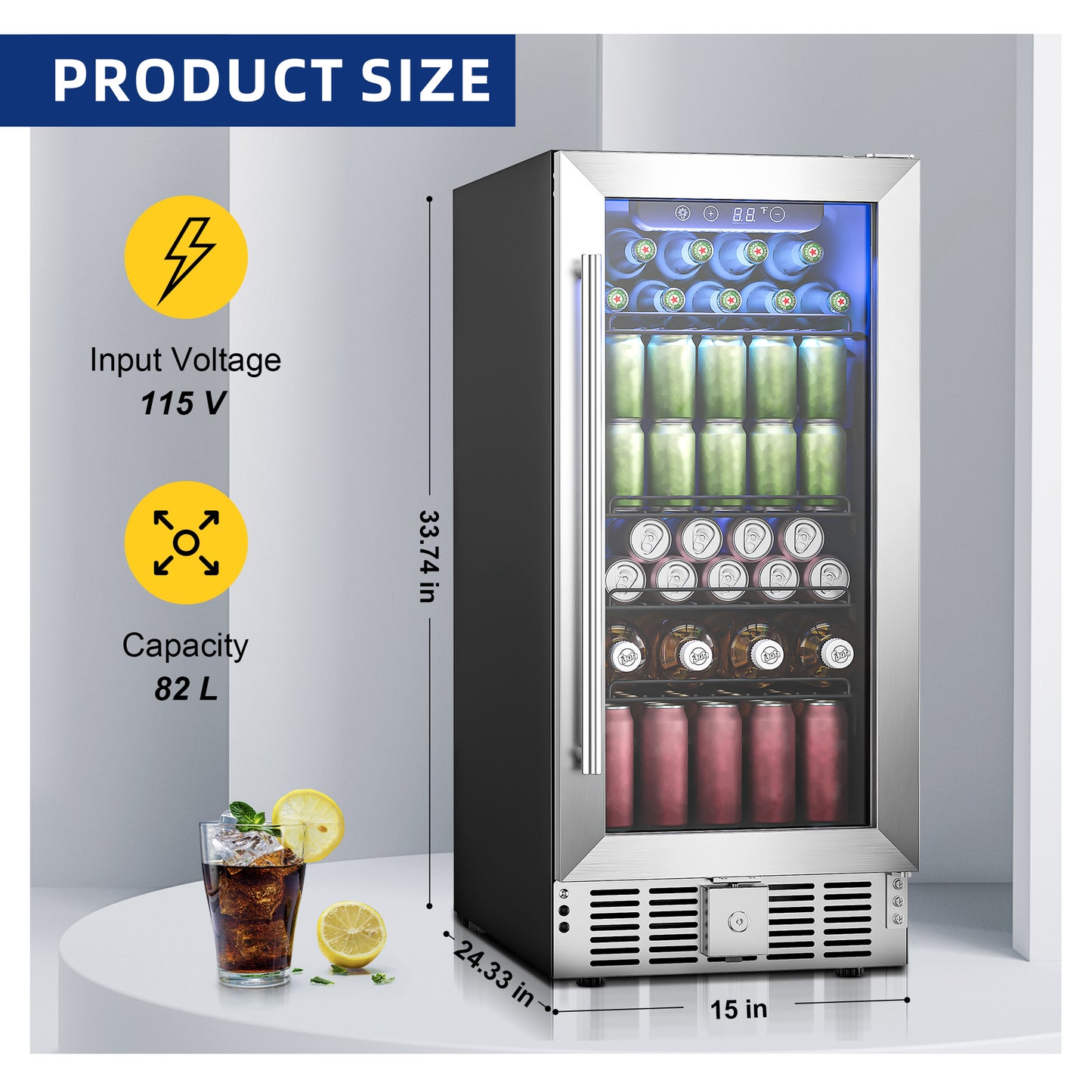 Simzlife 15" Built-in Beverage Refrigerator, 130 Cans Beverage Cooler, Under Counter Beer Fridge for Soda, Water, Wine for Kitchen, Bar or Office