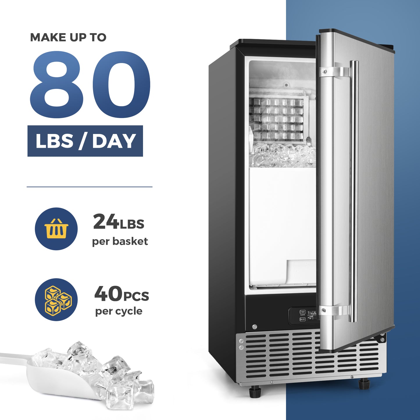Simzlife 80lbs /24H Freestanding/Built-In Commercial Ice Maker Machine, Clear Cube
