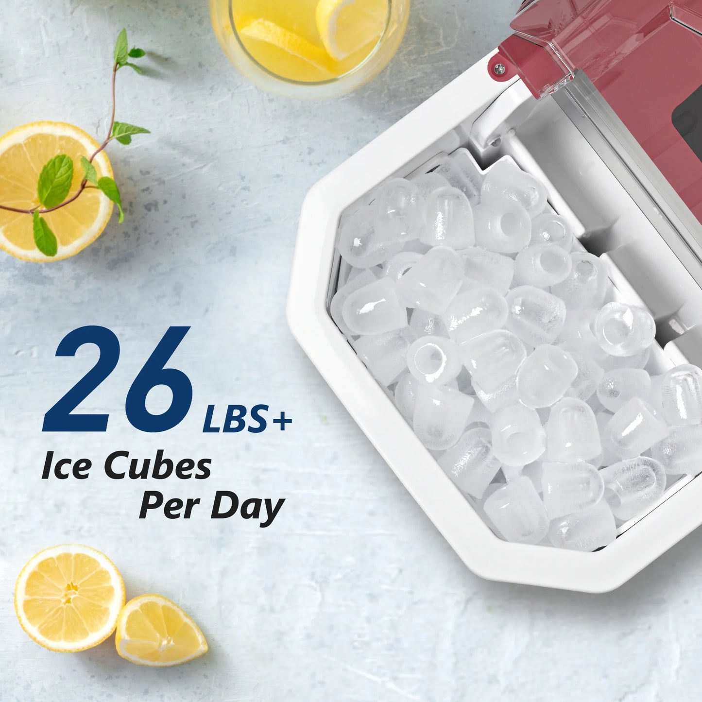 Simzlife Ice Makers Countertop, 9 Cubes in 6 Mins, 26lbs/Day, Portable Ice Maker with Carry Handle, Self-Cleaning Ice Maker with Ice Scoop & Basket for Home/Kitchen/Office/RV.(Red)