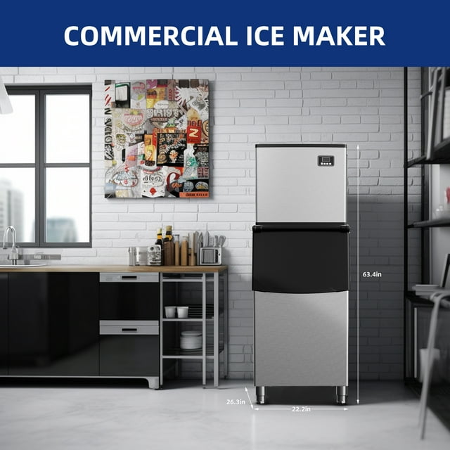Simzlife 400Lbs/24H Commercial Ice Maker Machine, Freestanding/Built-In, Stainless Steel Clear Ice Cube Maker