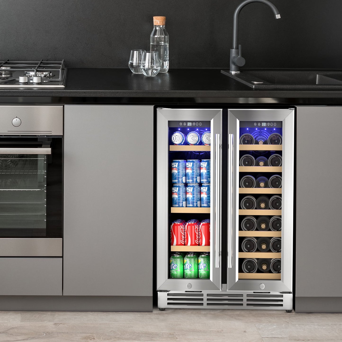 Simzlife 24'' 20 Bottle and 60 Can Wine Fridge & Beverage Refrigerator Dual Zone with Glass Door for Home, 34.3 in H