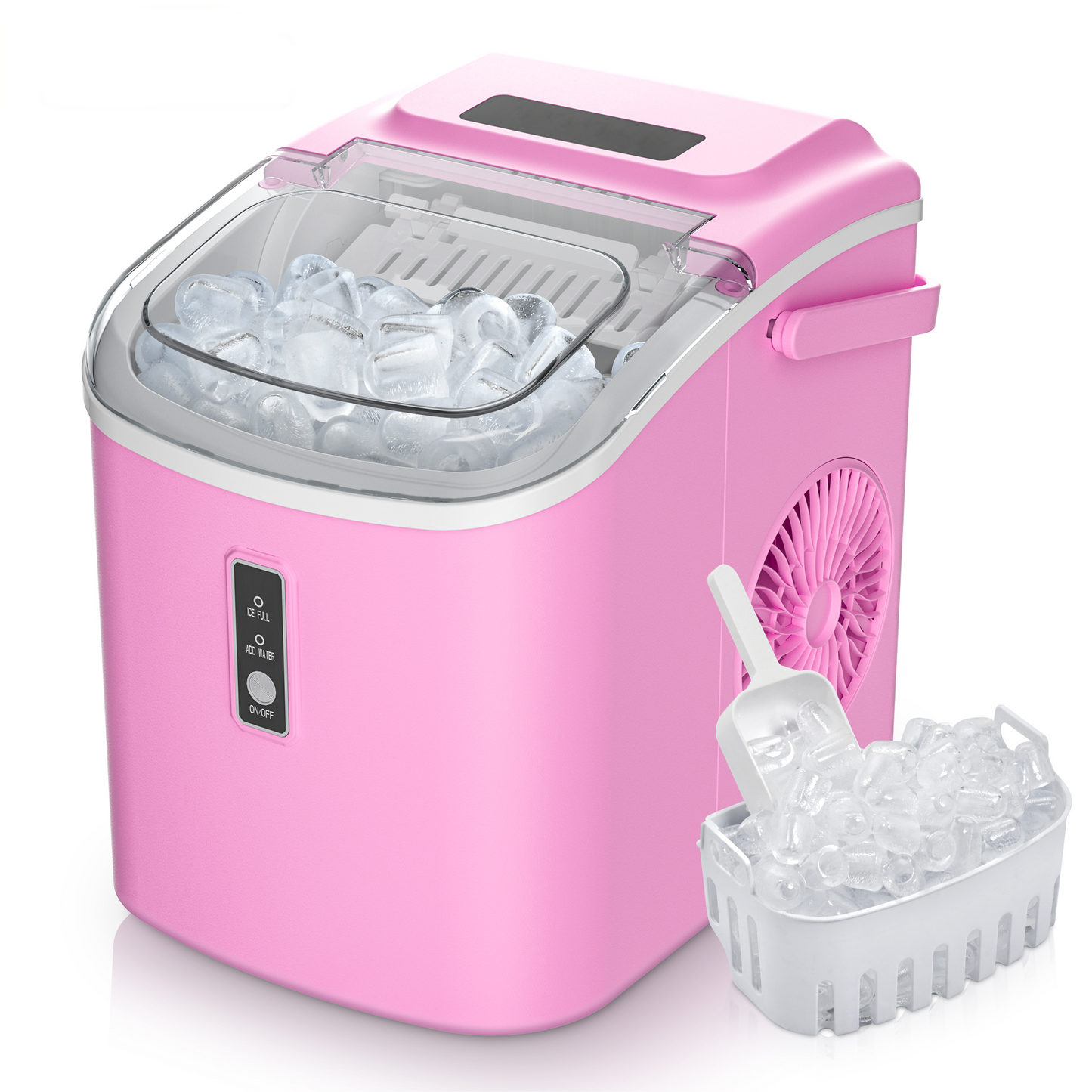 Simzlife Countertop Ice Maker with Handle,Portable Ice Machine with Basket and Scoop, 9 Bullet Ice In 6 Mins, 26Lbs/24H, Pink