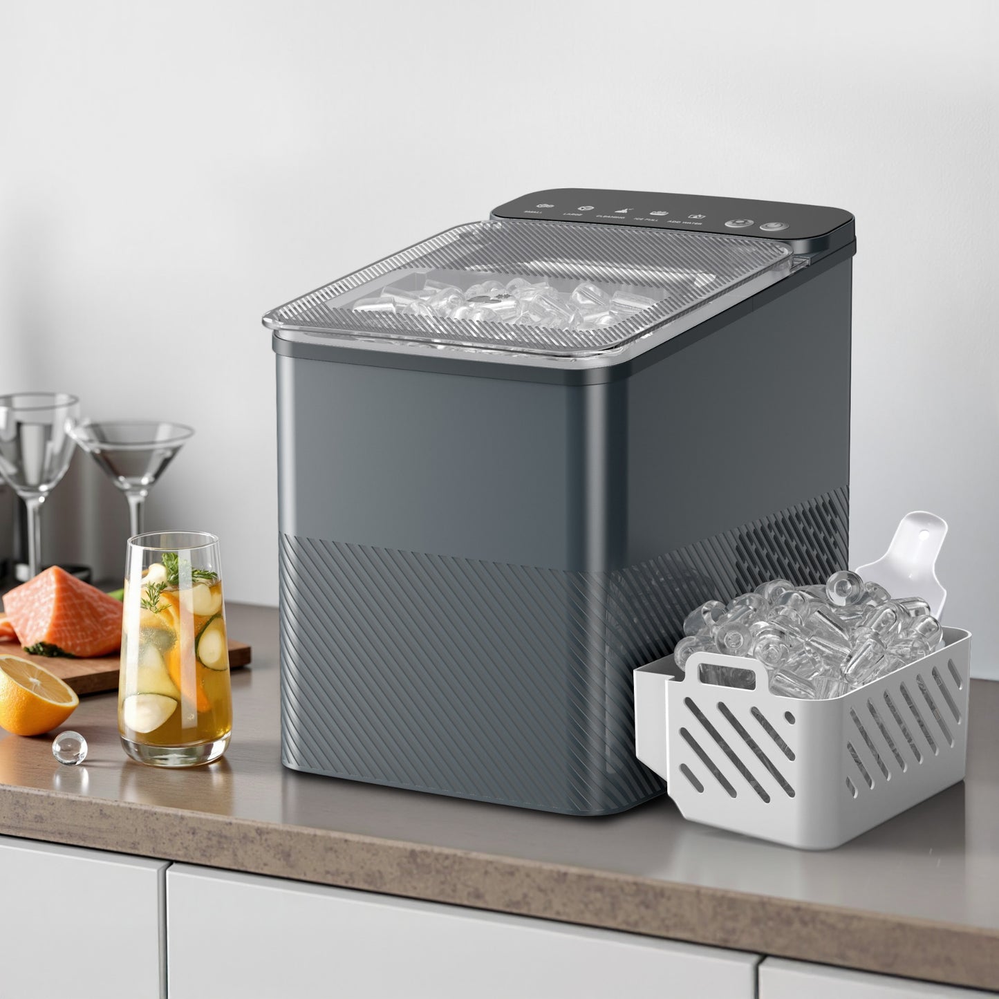 Simzlife Ice Maker Countertop, 9 Cubes Ready in 6 Mins, 26lbs in 24Hrs, Self-Cleaning Ice Machine with Ice Scoop and Basket, 2 Sizes of Bullet Ice for Home Kitchen Office Bar Party, Grey