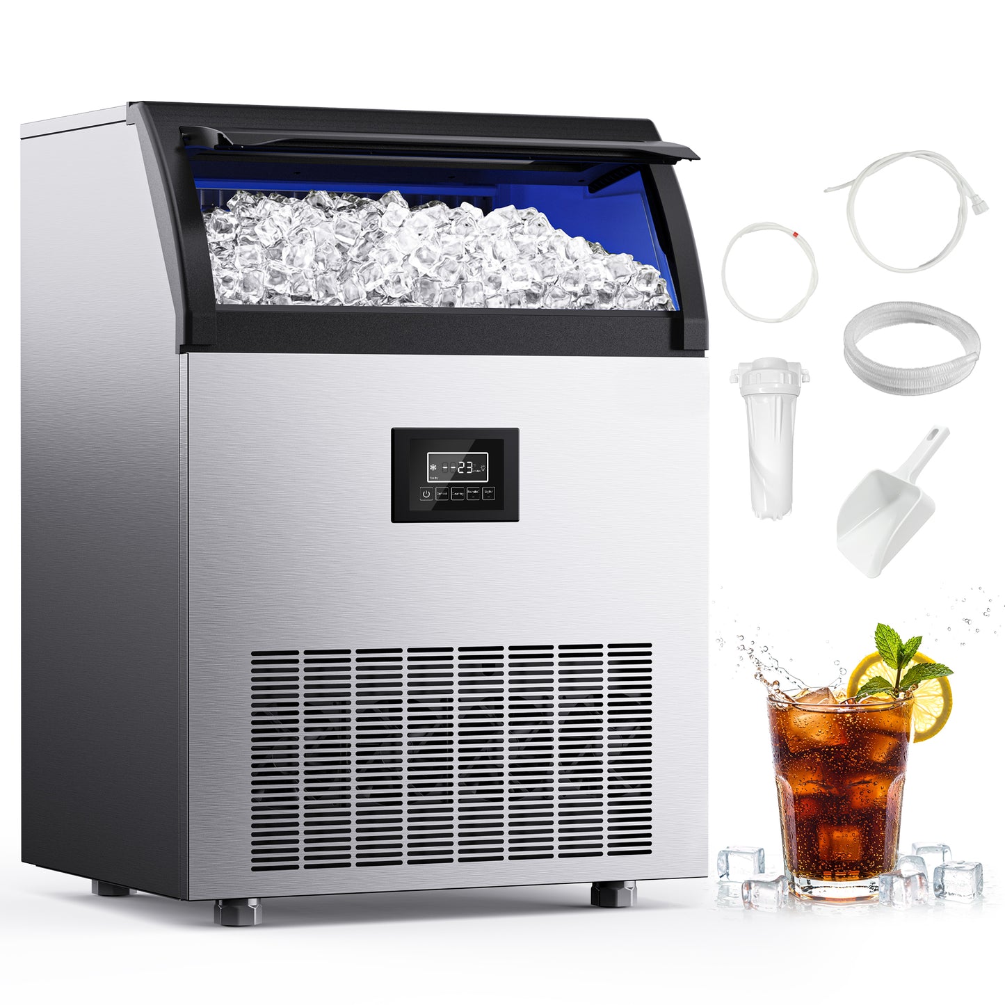 SIMZLIFE Commercial Ice Maker 300Lbs/24H with 33LB Storage Bin, Stainless Steel