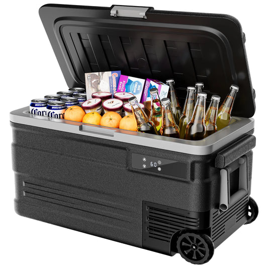 Simzlife 12 Volt Car Refrigerator, 80QT(75L) Portable Car Fridge with Wheels, 0℉~68℉, 12/24V DC & 110-240V AC,  Black