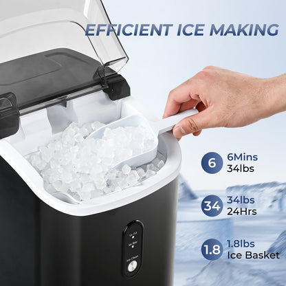 Simzlife Nugget Ice Maker Countertop with Handle, Ready in 6 Mins with Chewable Ice, 34lbs/24H, Self-Cleaning, Black