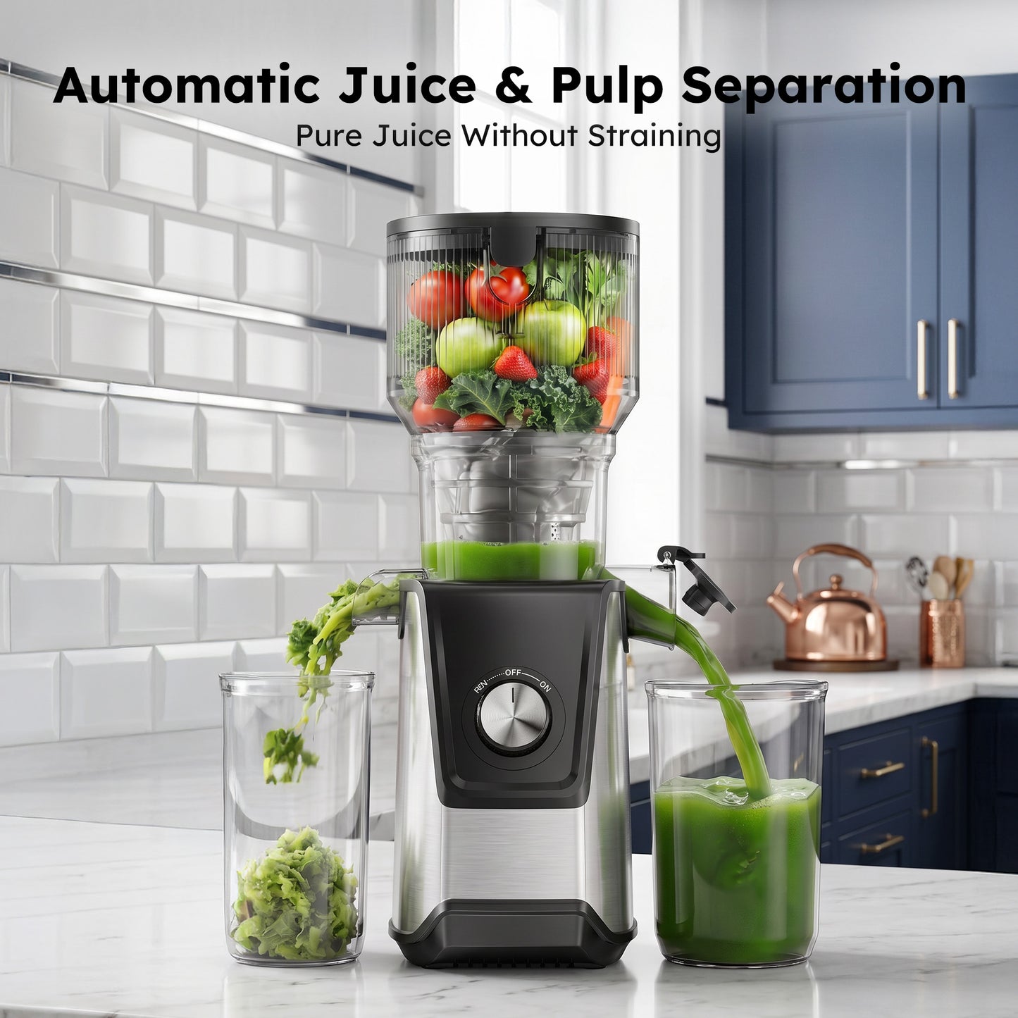 SIMZLIFE Cold Press Juicer, 5.1" Extra Large Feed Chute, 200W Slow Masticating Juicer Machine with Stainless Steel Housing, 304 Filter, Forward & Reverse Function, Easy to Clean, 2 Cups, Silver