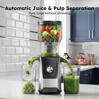 SIMZLIFE Cold Press Juicer, 5.1" Extra Large Feed Chute, 200W Slow Masticating Juicer Machine with Stainless Steel Housing, 304 Filter, Forward & Reverse Function, Easy to Clean, 2 Cups, Silver
