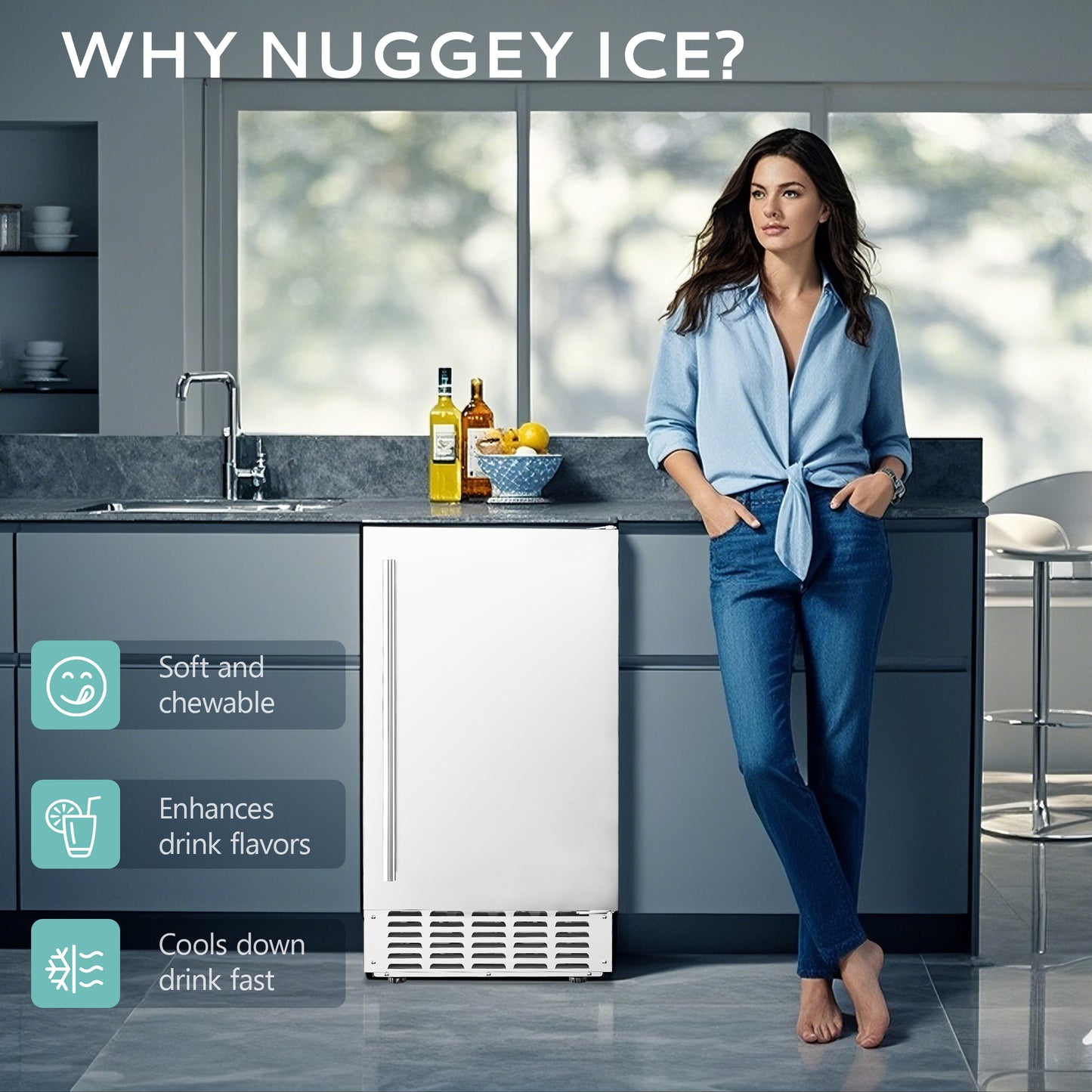 Simzlife 15" Nugget Ice Maker, 66 lbs/24H Built-In or Freestanding, Auto-Cleaning, Ice-Full Alert, Silver