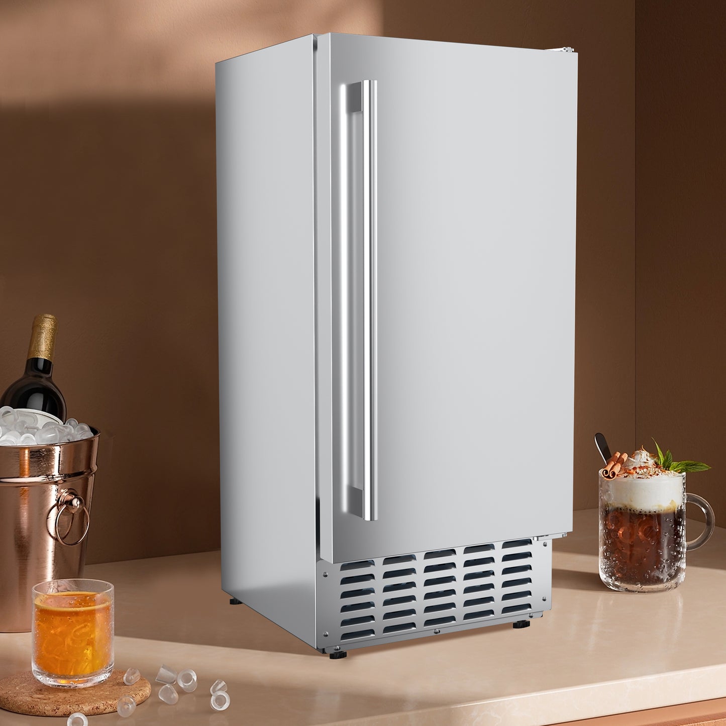 Simzlife 15" Nugget Ice Maker, 66 lbs/24H Built-In or Freestanding, Auto-Cleaning, Ice-Full Alert, Silver